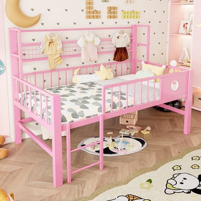 MODENUIT Kinderbed 90x200 cm – Laag Hoogslaper met Veiligheidshekken en Opbergruimte – Met Kledingstang – Zonder matras – Roze