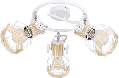 Spotrondell 3 spot plafondlamp draaibaar woonkamerlamp wit, houtlook metaal, 3x E27 stopcontacten, D 25 cm