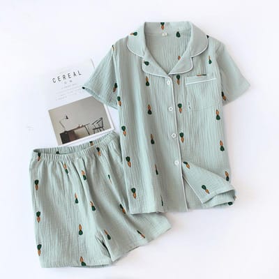 Nieuw Dames Pyjama Pak Zomer Comfortabel Katoen Gaas Revers Pyjama Pak Vrouwen Dun Los Cartoon Wortel Print Huispak XL groen