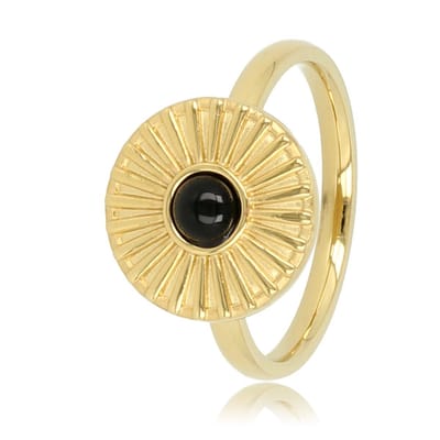 My Bendel - Ring Goudkleurig Zonnetje Design met Onyx - Goudkleurige Ring met Zonnetje - Onyx Edelsteen - Innerlijke Kracht - met Luxe Cadeauverpakking | Sieraden Voor Dames | Maat 16.00 Mm / Maat 50