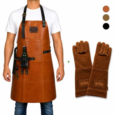 Leren BBQ Schort met Leren Handschoenen – Licht Bruin Echt Leer – 2 Jaar Garantie – Stoer Luxe Kookschort voor Mannen – Barbecue Schort met Groot Vak, Handdoek lus en Flesopener – Voor Vaderdag, Kerst of Verjaardag