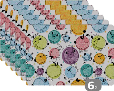 Placemat - Placemats kunststof - Schapen - Stippen - Patronen - 45x30 cm - 6 stuks - Hittebestendig - Anti-Slip - Onderlegger - Afneembaar