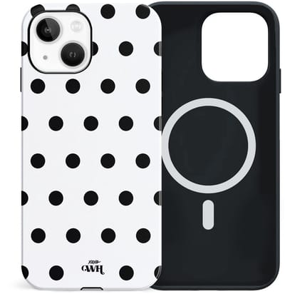 xoxo Wildhearts Polka Dots (Wit) - Double Layer - Magnetisch hoesje geschikt voor iPhone 13 MagSafe - Hard case met stippenpatroon - Beschermhoes - Shockproof case - Stippatroon - Wit / Zwart