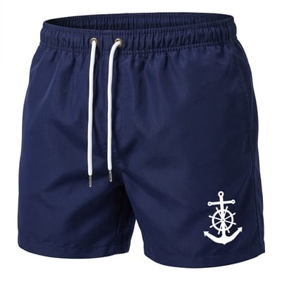 Marineblauwe zwembroek heren met anker print – heren zwem short met elastische tailleband en wit trekkoord – korte strand zwembroek met mesh voering en zijzakken – effen marineblauwe zwem short voor strand en zwemmen – maat S