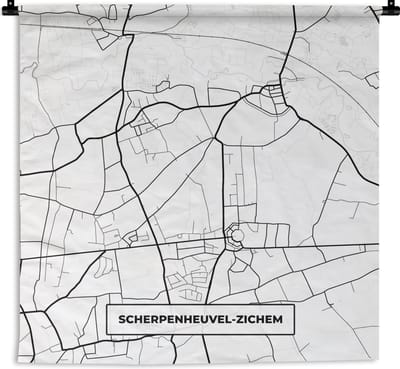 Wandkleed - Wanddoek - België – Scherpenheuvel Zichem – Stadskaart – Kaart – Zwart Wit – Plattegrond - 180x180 cm - Wandtapijt