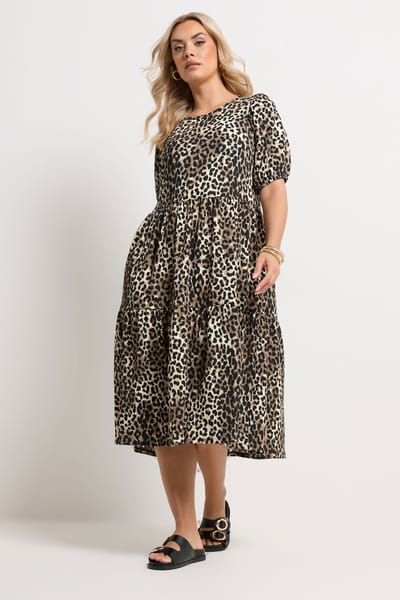 Yours Naturelbruine Midijurk Met Luipaardprint En Lagen Size 42