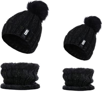 BB – Matching Moeder & Kind Winterset – Muts & Sjaal met Pompom – Zwart (1 t/m 3 jaar)