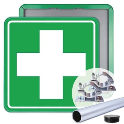 EHBO bord 40x40 cm - Bevestiging: Met paal 150 cm + paalbeugels + paaldop