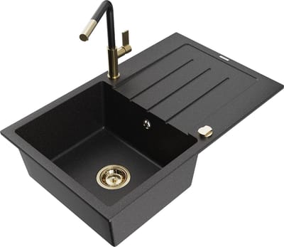 Mexen Bruno granieten gootsteen 1-komers met afdruiprek en keukenmengkraan Flora, zwart/zilver metallic - 6513-73-670401-57-G