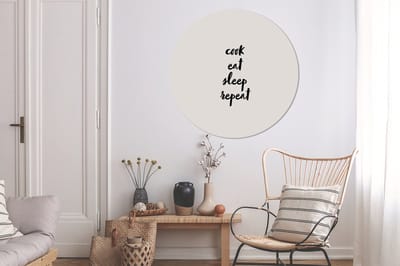 WallCircle® Wandcirkel 120x120 cm - Muurcirkel Quotes - Eten - Spreuken - Cook eat sleep repeat - Koken - Muurdecoratie woonkamer - Wanddecoratie slaapkamer - Kamer decoratie accessoires - Ronde schilderijen XXL