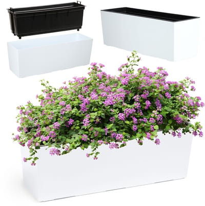 KADAX Bloembak van kunststof 18 5 x 56 cm plantenbak met inzetstuk weerbestendige balkonbak rechthoekige bloembak bloempot voor buiten glad patroon wit Glattemuster