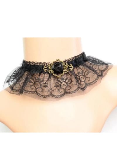 KIMU® Choker Ketting Zwart Kant Steampunk Kraagje Tandwieltjes - Kanten Zwarte Collar Lingerie Vintage Lace Great Gatsby Roaring Twenties Blinders Charleston Brocante Jugendstil Art Deco Victoriaans Steampunk Sexy Antieke Tandwielen Festival