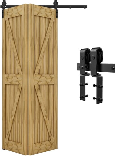 Dailygoods- Schuifdeursysteem Compleet Set - Vouwdeur voor 2 Houten Deuren - Zwart - Steunlengte 29,5 cm - Dikte Deurpaneel 3-5 cm - Anti Vallende Accessoires - Schuifdeur