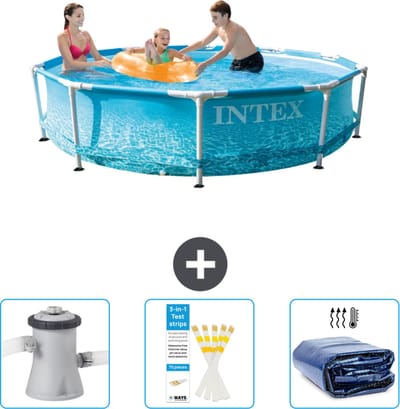 Intex Rond Frame Zwembad - 305 x 76 cm - Waterprint - Inclusief Zwembadfilterpomp - Testrips - Solarzeil