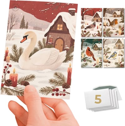 Inspra Studio – Luxe Kerstkaarten met Enveloppen – 5 Stuks – Roodborstje, Zwaan, Koolmees, Kardinaal & Duif Wenskaarten – Natuurlijke Dieren Illustraties