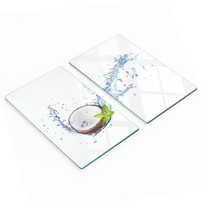 Decoratieve glazen snij- en serveerplanken met kokosnoot- en watermotief, 2x30x52 cm