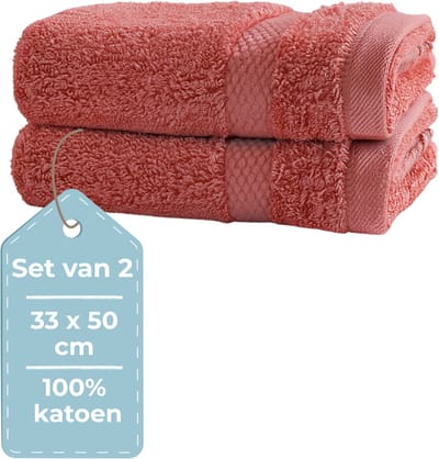 HUSH Living - Gastendoek - Set van 2 - 33×50 cm - 100% Katoen - Zware kwaliteit 500g/m2 - Stijlvol Boord en Ophanglus - Koraal