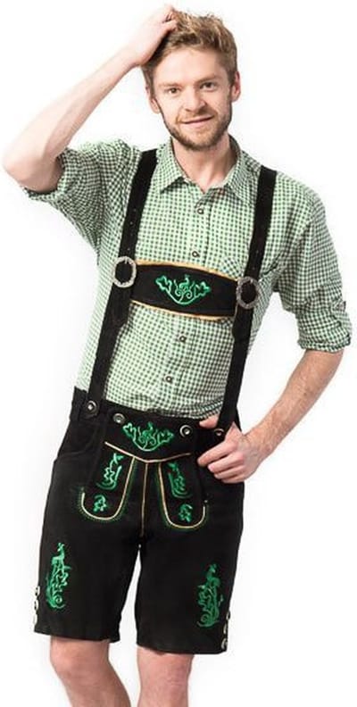Tannhauser Lederhosen Otto Kort 100% Echt Leder Heren Oktoberfest Heren Carnavalskleding Heren Lederhosen Man - Leer- Zwart/ Groen- S