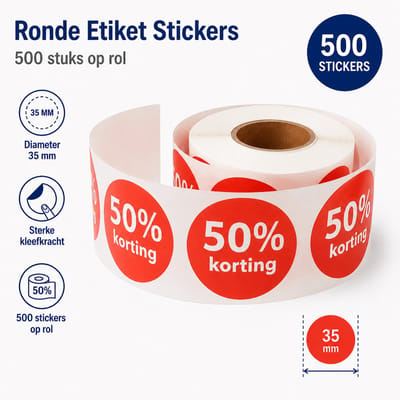 50% Korting Stickers 35 mm - 500 stuks op Rol - Kortingsstickers Afprijs Promotie Sticker - Actiesticker - Dappaz