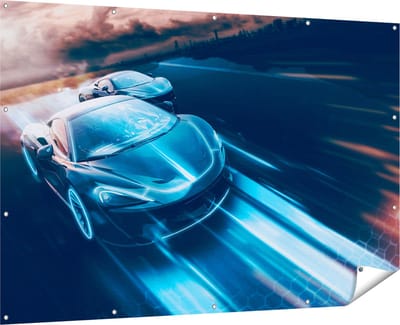 Gards Tuinposter Twee Raceauto's - Abstract - 180x120 cm - Tuindoek - Tuindecoratie - Wanddecoratie buiten - Tuinschilderij