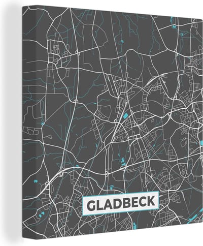 Canvas Schilderij Stadskaart – Kaart – Gladbeck – Blauw – Duitsland – Plattegrond - 20x20 cm - Wanddecoratie