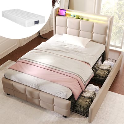 Eenpersoonsbed 90x200 cm - Gestoffeerd bed met USB-oplaadfunctie, hoofdbord, ledverlichting en 2 lades - bedframe met opbergruimte - lattenbodem van hout - Beige (Inclusief matras)