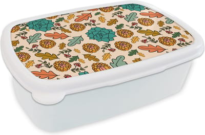 Broodtrommel Wit - Lunchbox - Brooddoos - Herfst - Bloemen - Patronen - 18x12x6 cm - Volwassenen