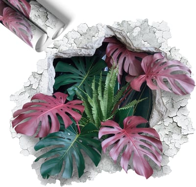 Wallfluent 3D Muursticker - Tropische compositie 3D Wandsticker Gat In De Muur - 60x54 cm - Groente 3D Sticker Gat In Stenen Muur - 3D Sticker Optische Illusie Gat - Zelfklevende Muursticker 3D Gat - Zelfklevende 3D Wandsticker Illusie