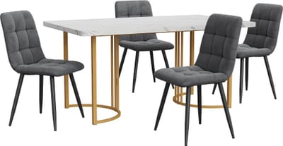 Eetset (5-delig) Eettafel met 4 stoelen set Donkergrijs Fluweel Eetkamerstoelen Keukentafelset met Gouden metalen poten MDF tafelblad in wit
