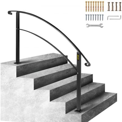 VEVOR Smeedijzeren Leuning 4-5 Treden Trap Leuning 62,5 cm Smeedijzeren Leuning Rail Afstand Tussen Palen 120,5 cm Outdoor Indoor Trapleuning voor Tuinen Woongebouwen Commerciële Kantoorgebouwen Zwart