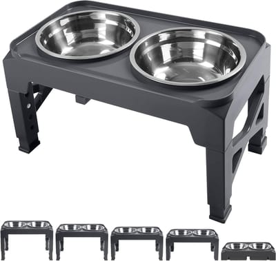 Verhoogde Honden Voerbak - Honden Voerstandaard - Comfortabel Eten - 5 Hoogtes Instelbaar - 2x 1.13kg Bakken - Grijs