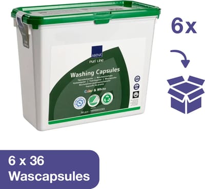 ABENA Duurzame Wascapsules voor Gekleurde en Witte Was 216 Stuks - Altijd De Juiste Dosering -  Bevat geen geur- en kleurstoffen - Hoge Kwaliteit-, Gezondheids en Milieueisen