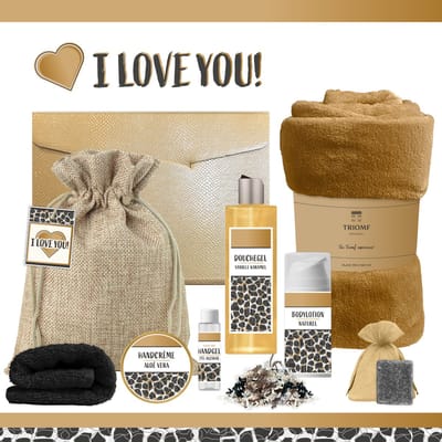 Geschenkset “I Love You!” - 8 producten - 1210 gram - Triomf Cosmetica | Luxe wellness cadeaubox voor haar Giftset Speciaal voor jou Cadeau Verjaardag Vrouw Cadeaupakket Ik hou van Jou Gift Set Valentijn Kerstpakket Vriendin Moeder Panter Zwart Goud