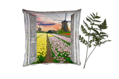 Sierkussens - Kussentjes Woonkamer - 40x40 cm - Doorkijk - Tulpen - Molen - Avond