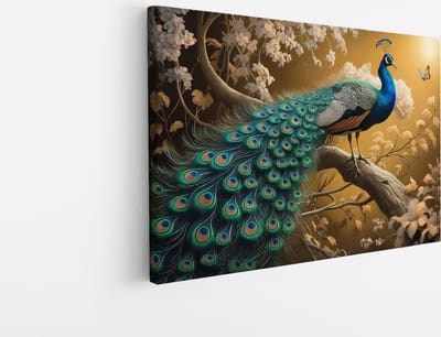 Saammp Canvas Schilderij - Pauw tussen de bloemen en vlinders - Dieren - Natuur - 45x30 - Foto op canvas - Wanddecoratie - muurdecoratie Woonkamer - Slaapkamer decoratie - Canvas Print