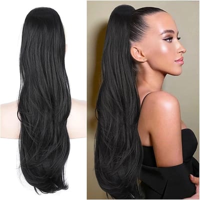Lang Zijden Vlecht Ponytail Haarstuk met Trekkoord - Natuurlijke Synthetische Haarextensions voor Dames - 65 cm Zwart 1B, Perfect voor Afro-haar en Feestjes