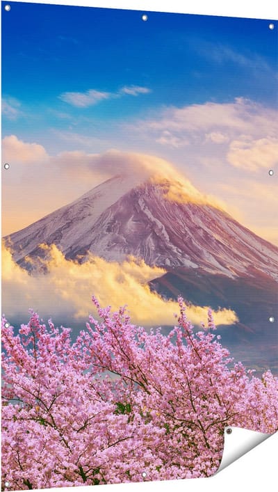 Gards Tuinposter Fuji Berg met Roze Bloesembomen - Bloemen - 100x150 cm - Tuindoek - Tuindecoratie - Wanddecoratie buiten - Tuinschilderij