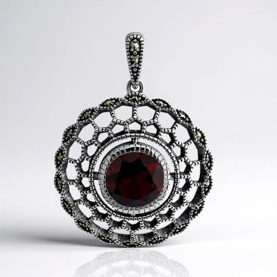 Cavill - Zilveren Hanger 925 Sterling - Mozambique Granaat 3 15 ct - 20 Roemeense Marcasieten 0 206 ct - Vintage Rood Rond