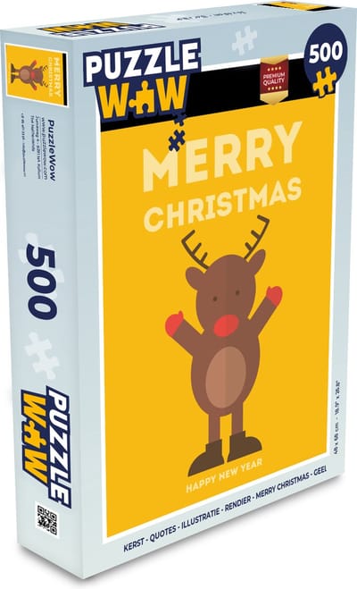Puzzel Kerst - Quotes - Illustratie - Rendier - Merry Christmas - Geel - Legpuzzel - Puzzel 500 stukjes - Kerst - Cadeau - Kerstcadeau voor mannen, vrouwen en kinderen