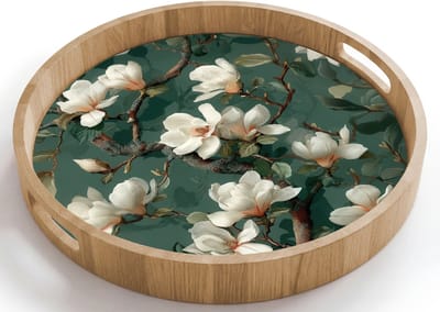 Dienblad rond 40x40 cm - Schootdienblad hout - Bloemen - Takken - Wit - Klassiek - Borrelplank rechthoek - Plateau houten dienbladen