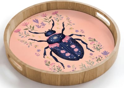 Dienblad rond 40x40 cm - Schootdienblad hout - Kever - Donkerblauw - Bloemen - Sierlijk - Borrelplank rechthoek - Plateau houten dienbladen