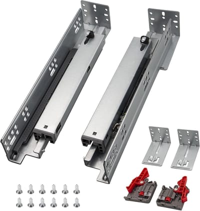 Zes paar onderbouw ladegeleiders van 450 mm met soft-close, 3D vergrendeling en bevestigingsschroeven voor optimale functionaliteit.