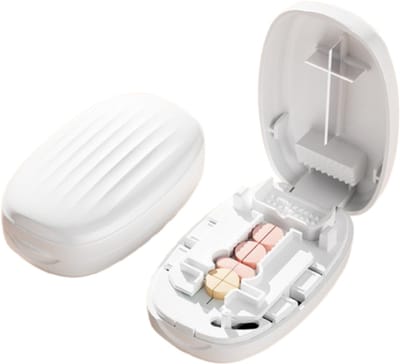 Pillensnijder - Pillensplijter - Pillenvergruizer - Pillendoosje - Verstelbare tabletsnijderPillenvermaler - Pillendispenser - met opbergvakje aan de achterkant - Geschikt voor het halveren of in vieren delen van pillen - Wit