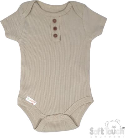 100% katoenen Romper Met Fijn Rib en Decoratieve Knoopjes Unisex 100% Katoen Kleur Coffee Maat 56/62 0-3 MND OEKO-TEX STANDARD 100