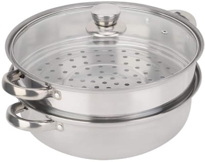 Dailygoods- Stoompan Mini - RVS Inzetstuk - Glazen Deksel - 2-laags Ontwerp - Inductie Geschikt - Afmetingen 27 x 27 x 19,5 cm - Stoominzetstuk