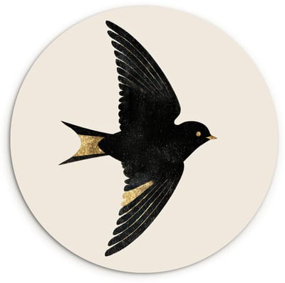 WallCircle® Wandcirkel 120x120 cm - Muurcirkel Zwarte zwaluw - Gouden accenten - Lichte achtergrond - Muurdecoratie woonkamer - Wanddecoratie slaapkamer - Kamer decoratie accessoires - Ronde schilderijen XXL