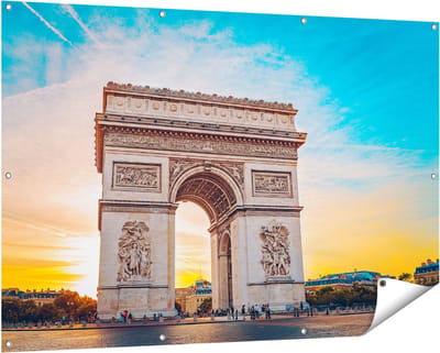 Gards Tuinposter Arc de Triomphe in Parijs met Zonsondergang - 150x100 cm - Tuindoek - Tuindecoratie - Wanddecoratie buiten - Tuinschilderij