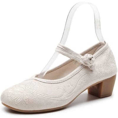 Retro Damesschoenen Chinese Stijl Hoge Hak Geborduurde Schoenen Elegante Damespumps Mary Jane Schoenen Damesschoenen 40 beige