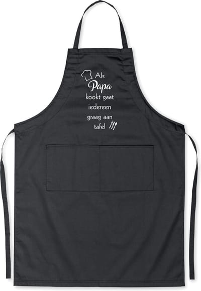 mijncadeautje - luxe schort - zwart - Als papa kookt, gaat iedereen graag aan tafel - opdruk wit