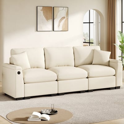 MODFU 3-Zitsbank - Opklapbare Rugleuning En USB-Aansluiting - Modern - Voor Woonkamer - Chenille - Beige - 242 X 80 X 88 Cm